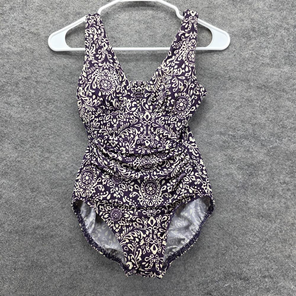 Lands' End Swimsuit Womens Size 2 Purple White Floral One Piece Ruched Tank